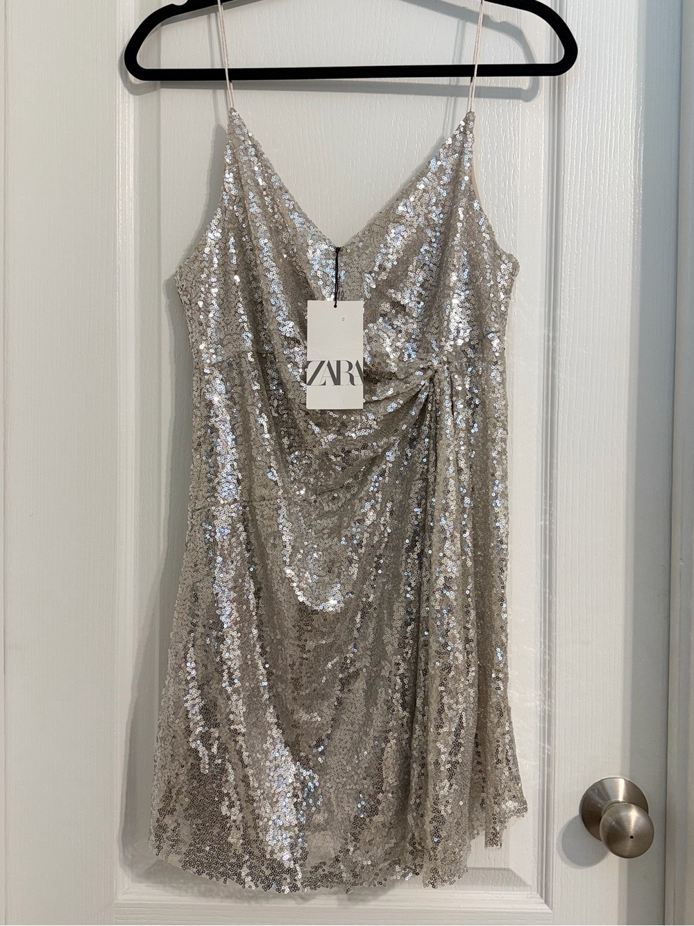 NWT Zara Silver Sequin Knotted Mini Dress Disco Glam Party Blogger Favorite Sz M